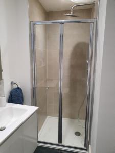 a shower with a glass door next to a sink at One Bedroom Flat Central Ipswich in Ipswich