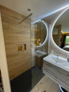 a bathroom with a glass shower and a sink at CHALET MONT BLANC in Combloux