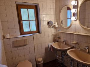 La salle de bains est pourvue d'un lavabo, d'un miroir et de toilettes. dans l'établissement Landhaus Ennemoser, à Längenfeld