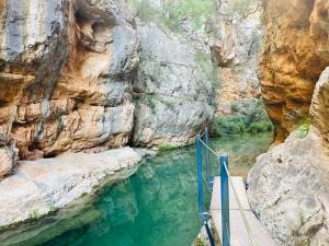 a bridge over a river in a canyon at El Hortal i lloo in El Cuervo