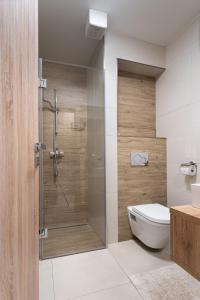uma casa de banho com um WC e uma cabina de duche em vidro. em Penzión ** Kolkáreň em Vyhne