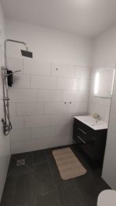 ein weißes Bad mit einem Waschbecken und einer Dusche in der Unterkunft 3 Bett Zimmer in Ramstein-Miesenbach