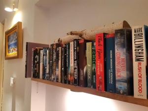a shelf filled with books on a wall at My Miracle Apartment in Zagreb
