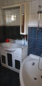La salle de bains est pourvue d'un lavabo, d'un miroir et d'une baignoire. dans l'établissement Casa Rosa, à Băile Olăneşti