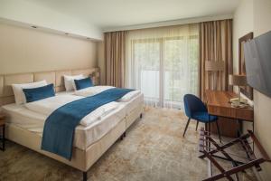a bedroom with a bed and a desk and a television at Fagus Hotel Conference & Spa Superior in Sopron