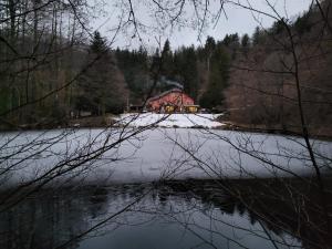 a house on the shore of a lake with snow at Accomodatie in Villa Werschmatt in Kruth