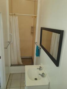 uma casa de banho com um lavatório e um chuveiro com um espelho. em Sunny Beach Lodge em Amuri
