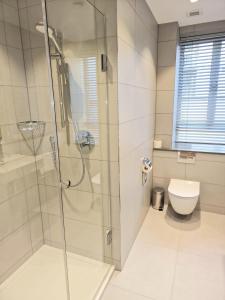 a bathroom with a glass shower and a toilet at Astor Court Hotel in London