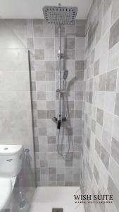 y baño con ducha y aseo. en WISH SUITE MARIA AUXILIADORA DE SEVILLA, en Sevilla