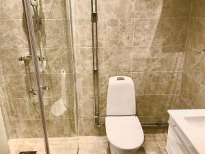 a bathroom with a shower with a toilet and a sink at Staylong Hotell in Täby