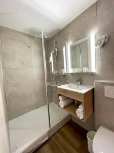 uma casa de banho com um chuveiro, um lavatório e um WC. em Les Afforêts em La Roche-sur-Foron