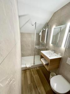 een badkamer met een douche, een toilet en een wastafel bij Les Afforêts in La Roche-sur-Foron