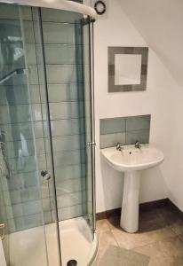 een badkamer met een wastafel en een glazen douche bij Owl Tree Cottage with access to Alice Holt in Farnham