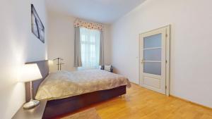 a bedroom with a bed and a window and a door at Central Apartmany Biela street in Bratislava +26 photos