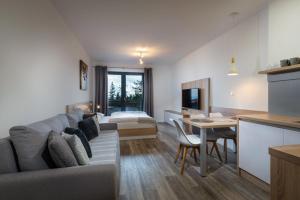 Il comprend un salon et une cuisine avec un canapé et une table. dans l'établissement TATRYSTAY Armeria Apartments, à Štrbské Pleso