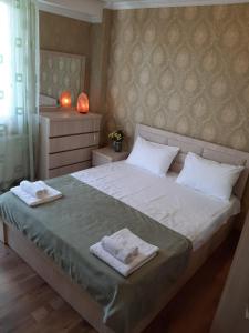 a bedroom with a large bed with towels on it at Two-Bedroom Apartment in Tbilisi in Tbilisi City