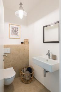 ein Badezimmer mit einem Waschbecken, einem WC und einem Spiegel in der Unterkunft Ferienwohnung Rosenstrasse in Dornbirn