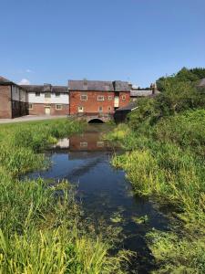 un río en un campo con un edificio en el fondo en Hyde Mill en Luton