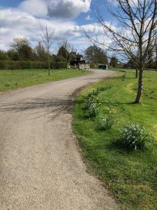 un camino de grava con un árbol y césped en Hyde Mill en Luton