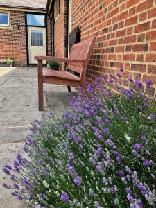 un banco de madera sentado junto a un edificio de ladrillo con flores púrpuras en Hyde Mill, en Luton