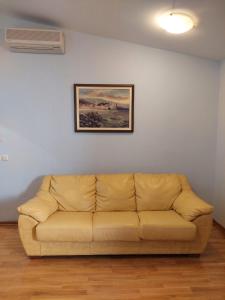 a couch in a living room with a painting on the wall at Plava Vila Beach Apartments Sveti Stefan in Sveti Stefan