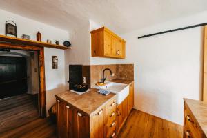 a kitchen with a sink and wooden cabinets at Waldjuwel Mostviertel in Allhartsberg