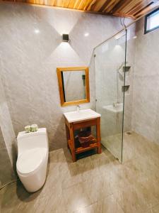 a bathroom with a toilet and a sink and a mirror at Opera Premier Hotel in Luang Prabang