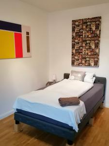 Bett in einem Zimmer mit Wandgemälde in der Unterkunft AufmLohr - Appartement mit 3 Schlafzimmern - in Leverkusen Hitdorf - Private Parkplätze vorhanden- in Leverkusen