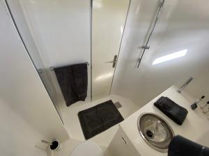 a small bathroom with a shower and a sink at KARPEDIEM in Ajaccio
