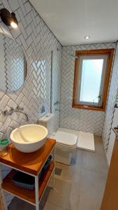 a bathroom with a sink and a toilet and a window at Adelina Hue in San Carlos de Bariloche