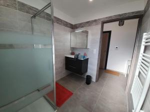 a bathroom with a walk in shower and a sink at Appartement neuf très lumineux avec parking in Argelès-sur-Mer