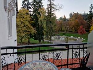 einen Balkon mit einem Tisch und Blick auf einen Brunnen in der Unterkunft Hotel Caraiman in Sinaia