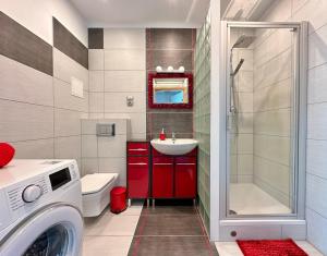 uma casa de banho com uma máquina de lavar roupa e um lavatório em LuxApart Kalisz New em Kalisz