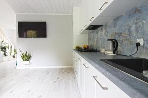 a kitchen with white cabinets and a black sink at Domek na wsi- Przezmark pod Elblagiem in Elblag