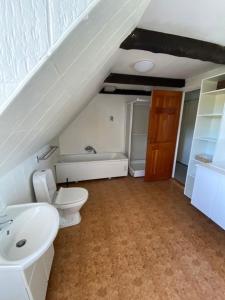 La salle de bains est pourvue d'un lavabo, de toilettes et d'un escalier. dans l'établissement Dyrlundgaard tilbyder charmerende ferielejlighed., à Helsinge