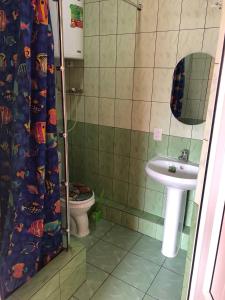 La salle de bains est pourvue de toilettes et d'un lavabo. dans l'établissement Adilet Fatima, à Bishkek