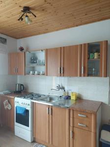 a kitchen with wooden cabinets and a white stove top oven at PENZIÓN U JANOSIKA in Terchová