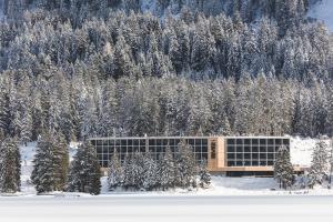 um edifício coberto de neve com árvores ao fundo em Revier Mountain Lodge Lenzerheide em Lenzerheide