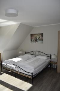 a bed in a white room with a white ceiling at Pension zur Schleuse am Elbe Lübeck - Kanal in Witzeeze in Witzeeze