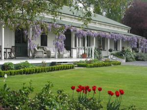 una casa blanca con flores rojas en el patio en The Peppertree Luxury Accommodation, en Blenheim