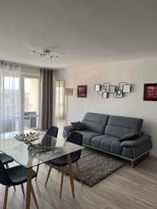 un soggiorno con divano e tavolo in vetro di Roanne-centre appartement a Roanne