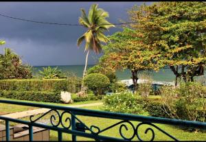 a view of the ocean from a balcony with a palm tree at OCEAN-SI MAnsion in Kribi