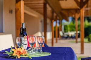 a table with two glasses and a bottle of wine at Ferienhaus Wiesenblick 16 in Bannemin