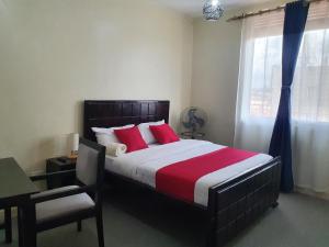 坎帕拉的住宿－The Palm Residence，一间卧室配有一张带红色枕头的床和一扇窗户