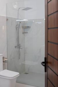 La salle de bains est pourvue d'une douche en verre et de toilettes. dans l'établissement CRYSTAL RIVERSTON DECK, à Matale