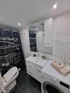 uma casa de banho com um lavatório, um WC e um espelho. em Luxury apartment in Sepolia em Atenas