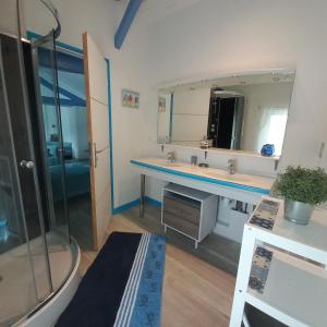 La salle de bains est pourvue d'une douche, d'un lavabo et d'un miroir. dans l'établissement Domaine de Fontsauzine - gîtes et chambre d'hôtes, à Genouillé