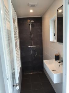 a bathroom with a shower and a sink at Chalet Esdoorn in Putten, Gezellig en Luxe gerenoveerd in Putten +39 photos