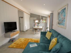 uma sala de estar com um sofá verde e uma televisão em 18 Meadow Retreat em Liskeard