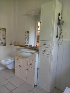 La salle de bains blanche est pourvue d'un lavabo et de toilettes. dans l'établissement Petite maison très paisible avec jardin à Cournon - Puy de Dôme !, à Le Cendre